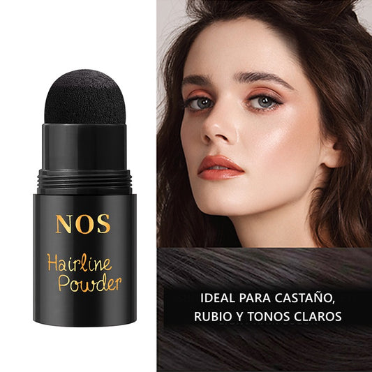 Barra cubre canas NOS en negro, con esponja aplicadora, junto a modelo de cabello oscuro