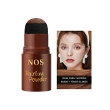 Barra cubre canas NOS en castaño, con esponja aplicadora, junto a modelo de cabello claro